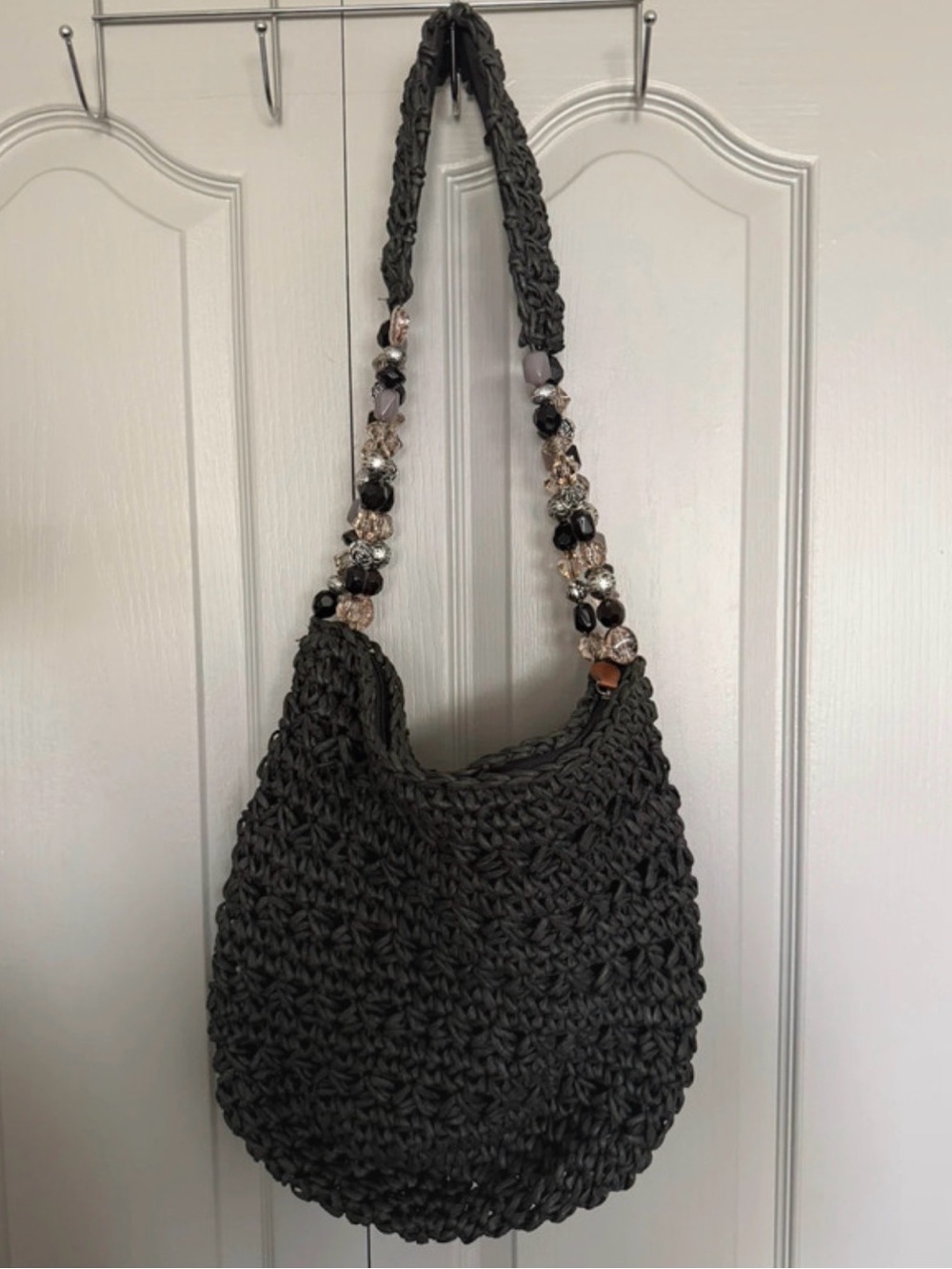 Kelly & Katie Dark Gray Crochet Shoulder Bag with Beaded Strap